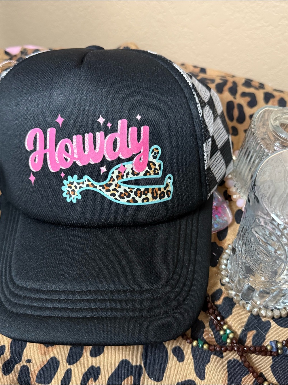 Custom Black 'Howdy' Trucker Hat with Pink Script and Leopard Spur Accent